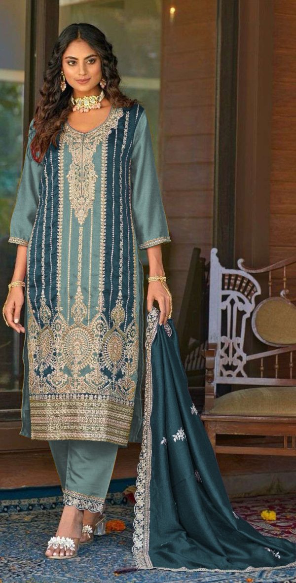 Grand Blue Vichitra Embroidery Codding Sequence Salwar Suit