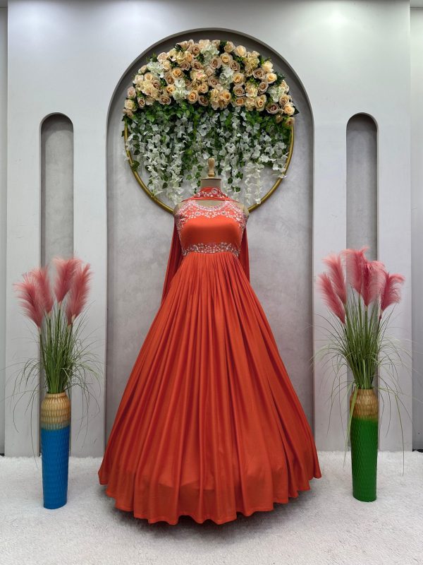 Majestic Orange Color Maslin silk Thread Work Anarkali Suit