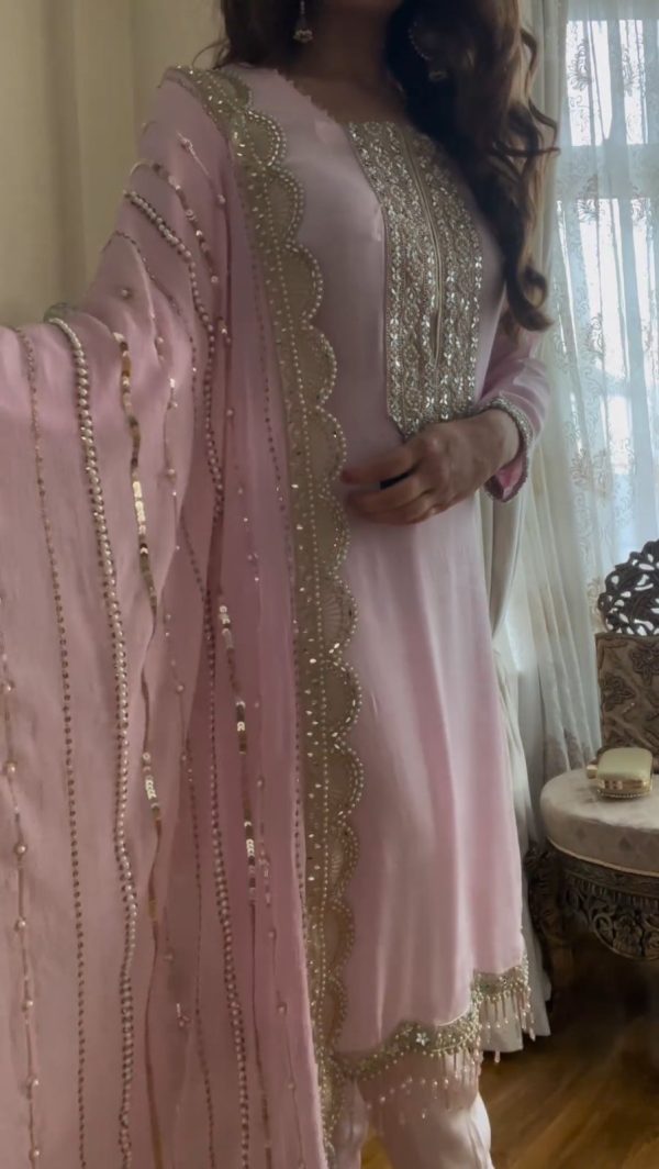 Nice Baby Pink Georgette Embroidery Diamond Handwork Salwar Suit