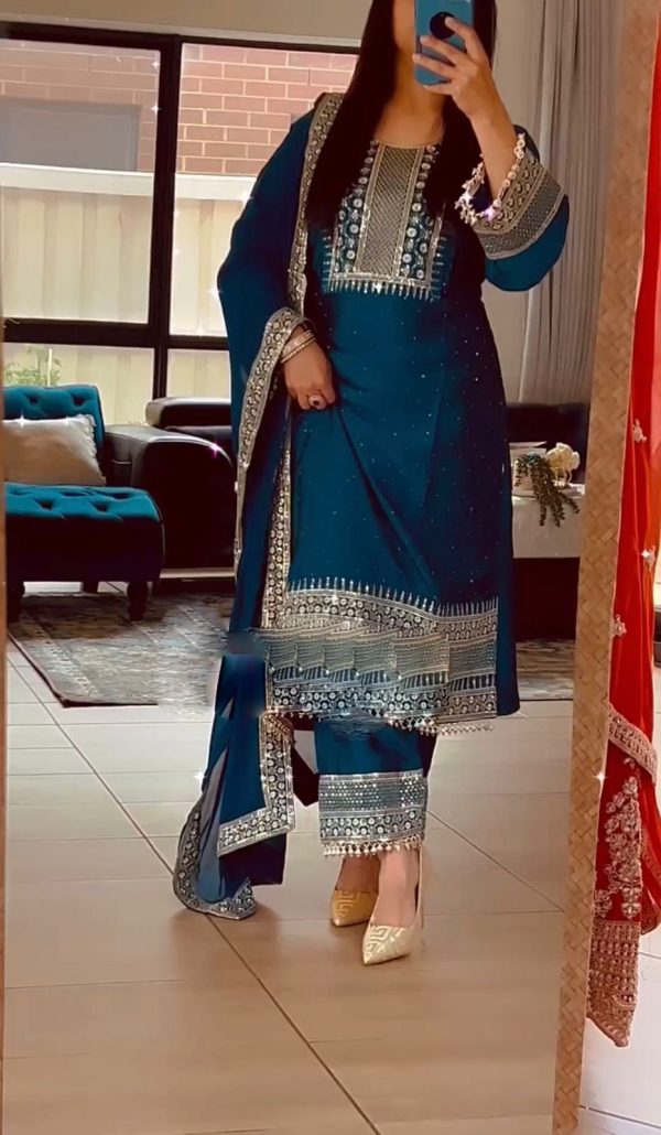 Nice Peacock Blue Color Chinnon Silk Embroidery Salwar Suit