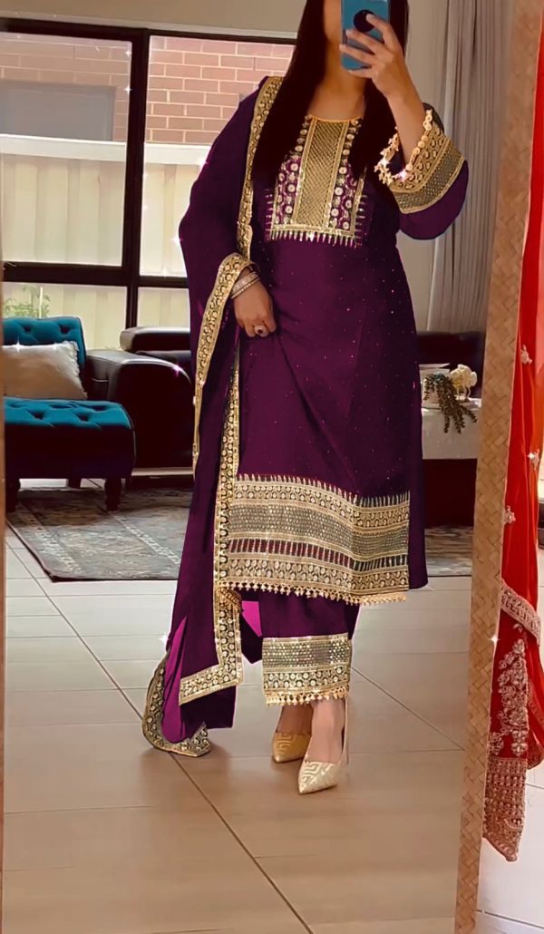 Nice Purple Color Chinnon Silk Embroidery Sequence Salwar Suit