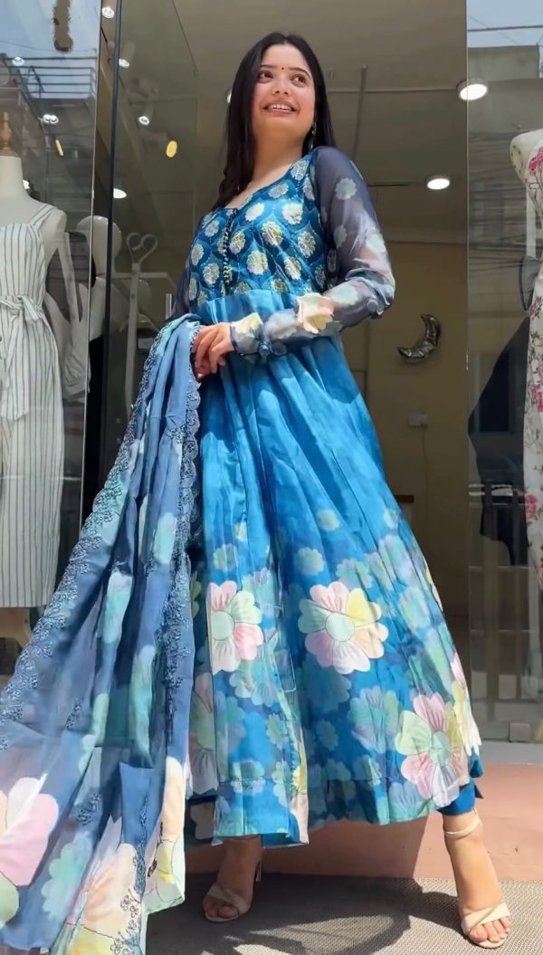 Perfect Blue Color Tabby Silk Embroidery Digital Print Salwar Suit