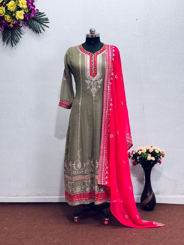 Perfect Grey Color Georgette Embroidered Sequence Salwar Suit