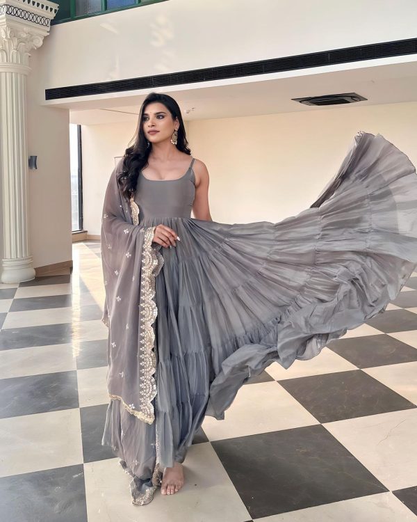 Pretty Grey Color Chinon Embroidery Sequence Anarkali Suit