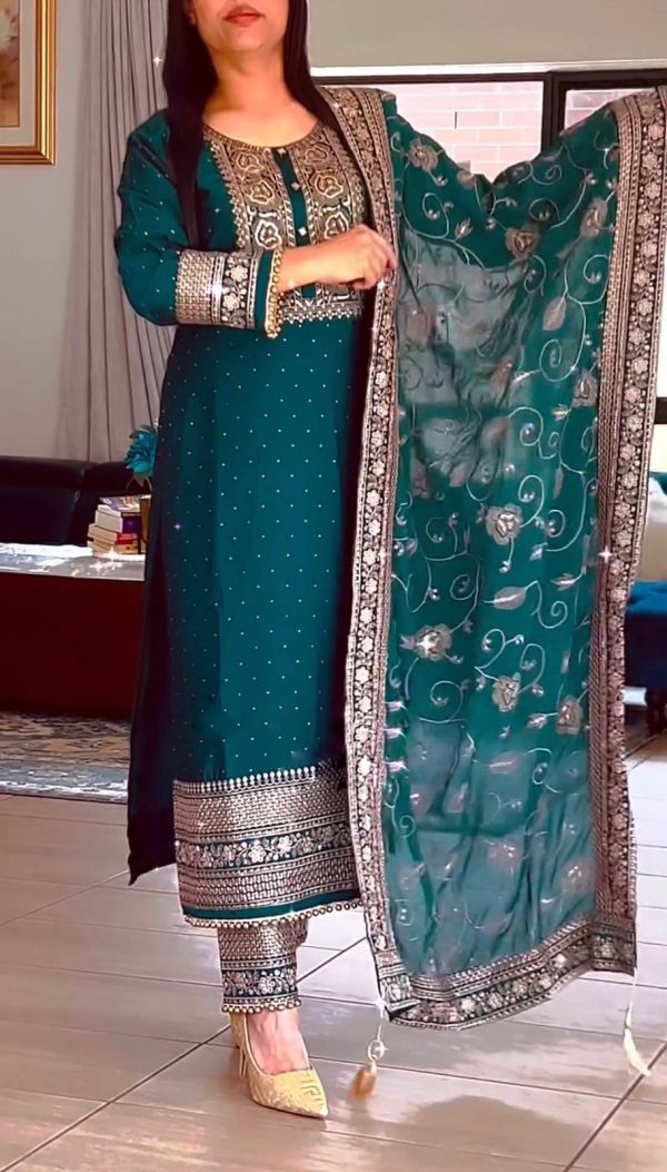 Pretty Peacock Green Color Georgette Embroidery Salwar Suit