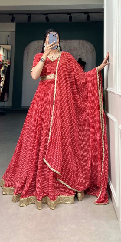 LNB 121 Red Color Georgette Print With Lace Border Lehenga Choli Festive Party Wedding, Events etc. Delivery 4-6 Working Days @2149/- | Bollywood Lehenga, Creative Lehenga, Designer Lehenga, Embroidered Lehenga, Lehenga, Party Wear Lehenga