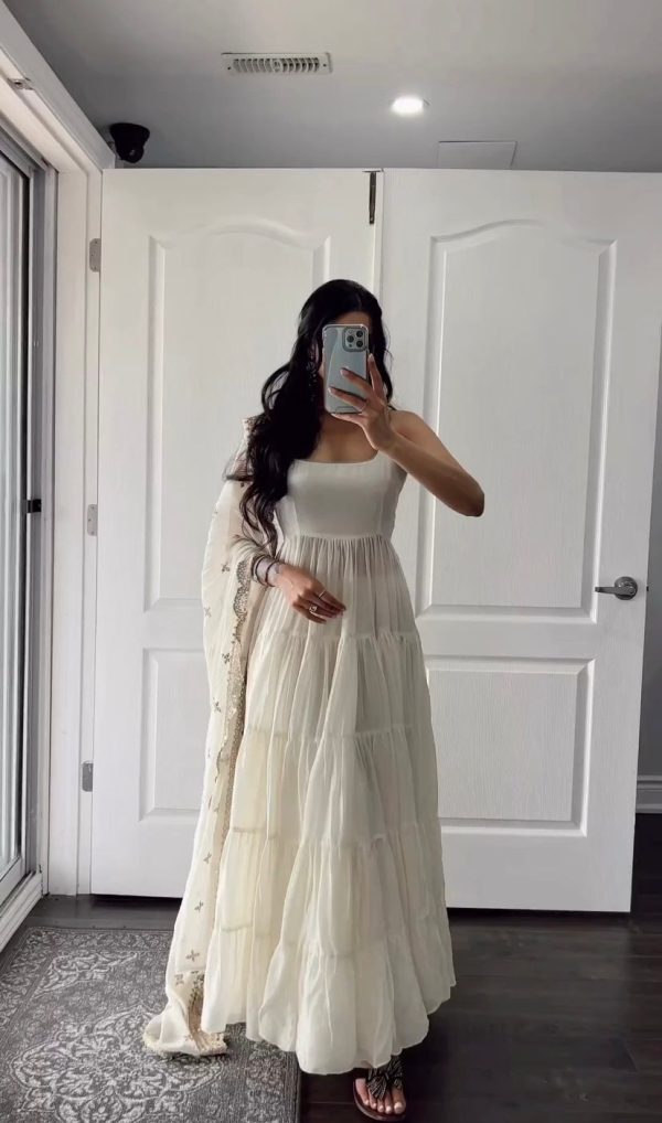 Pretty White Color Chinon Silk Embroidery Sequence Anarkali Suit