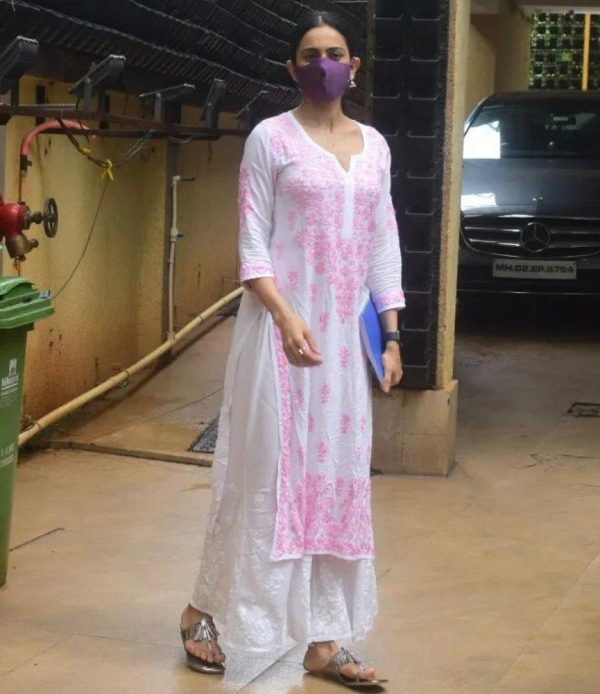 Rakul Preet Singh White Color Rayon Chine Stitched Salwar Suit