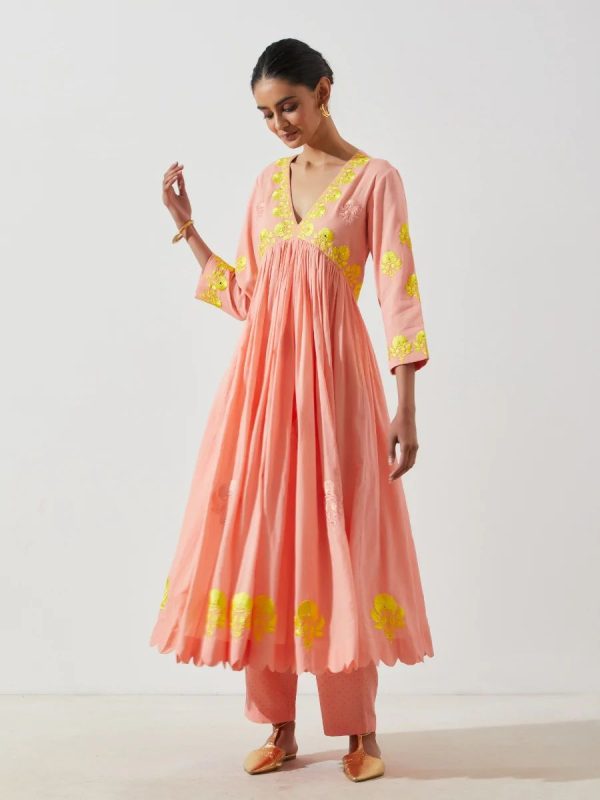 Special Peach Maslin Cotton Thread Embroidery Anarkali Suit