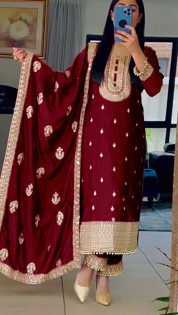 Sublime Maroon Color Faux Georgette Embroidery Salwar Suit