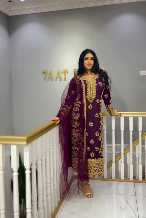 Sublime Purple Chinnon Silk Embroidery Sequence Salwar Suit