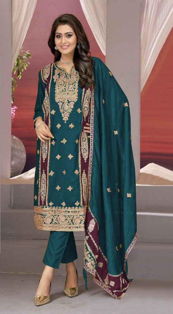 Superb Blue Vichitra Embroidery Codding Sequence Salwar Suit