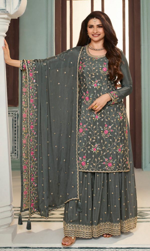 Superb Grey Color Chinon Embroidery Multi Work Salwar Suit