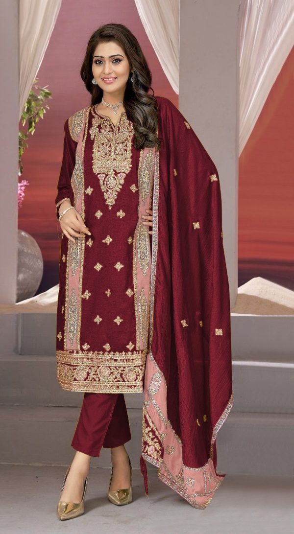Superb Maroon Vichitra Embroidery Codding Sequence Salwar Suit