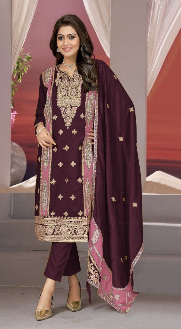 Superb Wine Vichitra Embroidery Codding Sequence Salwar Suit