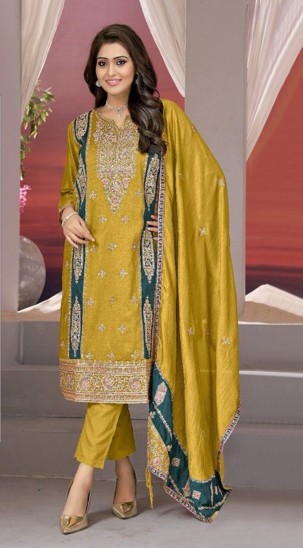 Superb Yellow Vichitra Embroidery Codding Sequence Salwar Suit