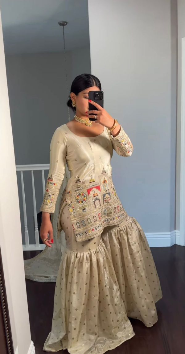 Classic Cream Color Chinnon Silk Embroidery Coding Salwar Suit