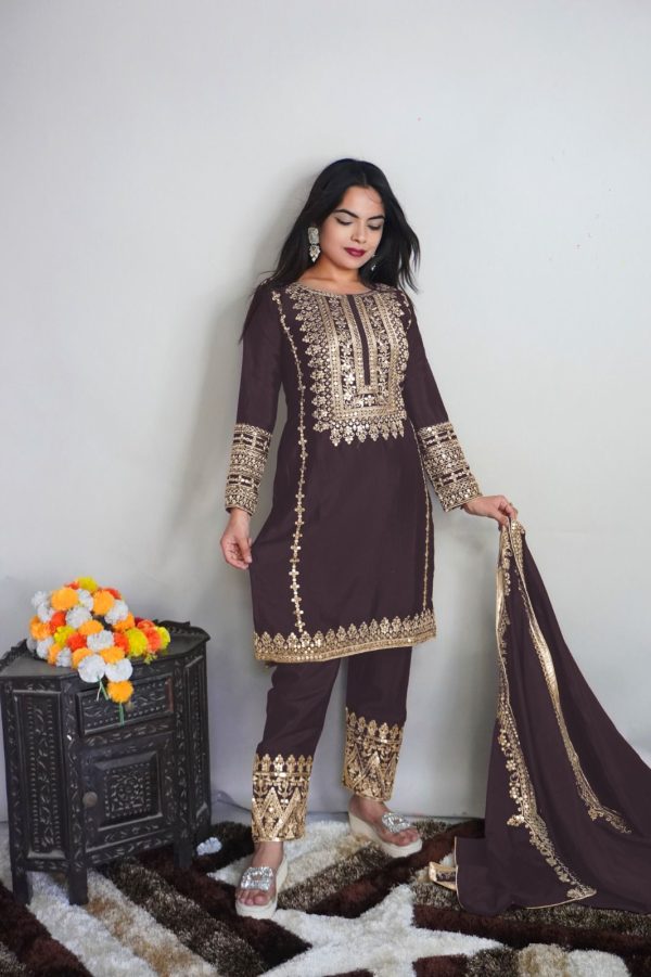 Elegant Coffee Color Pure Chinnon Silk Embroidery Salwar Suit