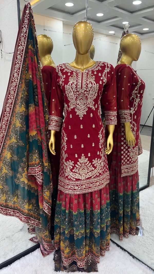 Elegant Red Color Georgette Embroidery Sequence Salwar Suit