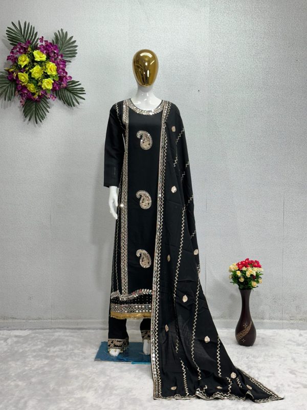 Gorgeous Black Color Roman Silk Embroidered Salwar Suit