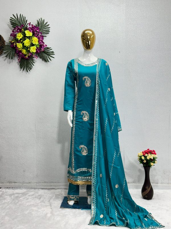 Gorgeous Blue Color Roman Silk Embroidered Salwar Suit