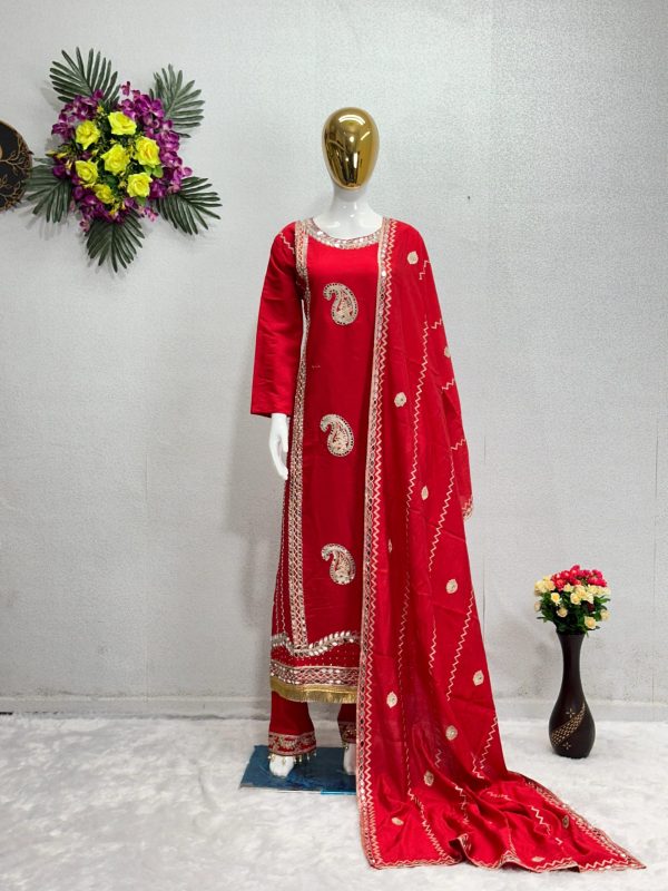 Gorgeous Red Color Roman Silk Embroidered Salwar Suit