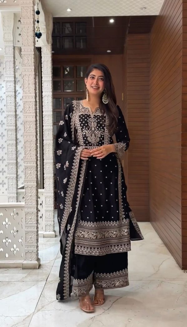Grand Black Color Chinnon Silk Embroidery Sequence Salwar Suit