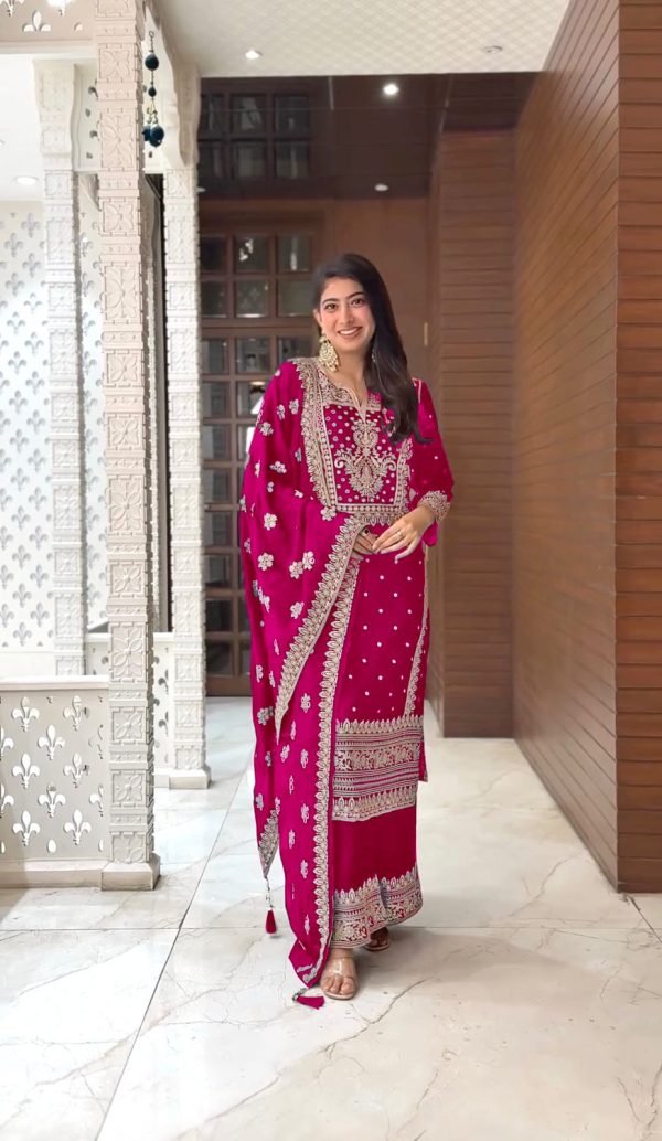 Grand Pink Color Chinnon Silk Embroidery Sequence Salwar Suit