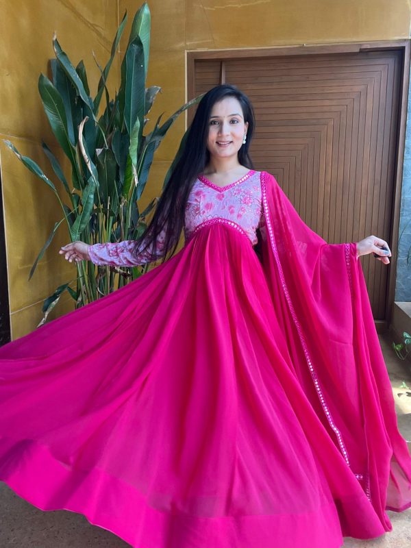 Luminous Pink Color Fox Georgette Position Print Work Gown