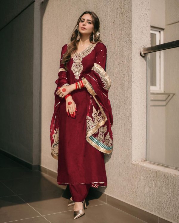 Majestic Red Color Chinnon Silk Embroidery Work Salwar Suit