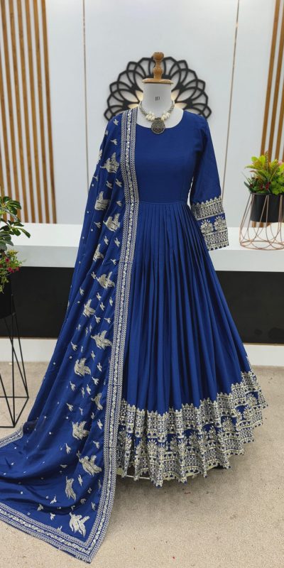 ZSR 3069 Royal Blue Color Chinon Silk Embroidery Sequence Gown Casual, Wedding, Party, Festive, Events Etc. Expected Delivery 4-6 Working Days 2049/- | Bollywood Gowns, Creative Gowns, Designer Gowns, Embroidered Gowns, Gowns, Party Wear Gowns