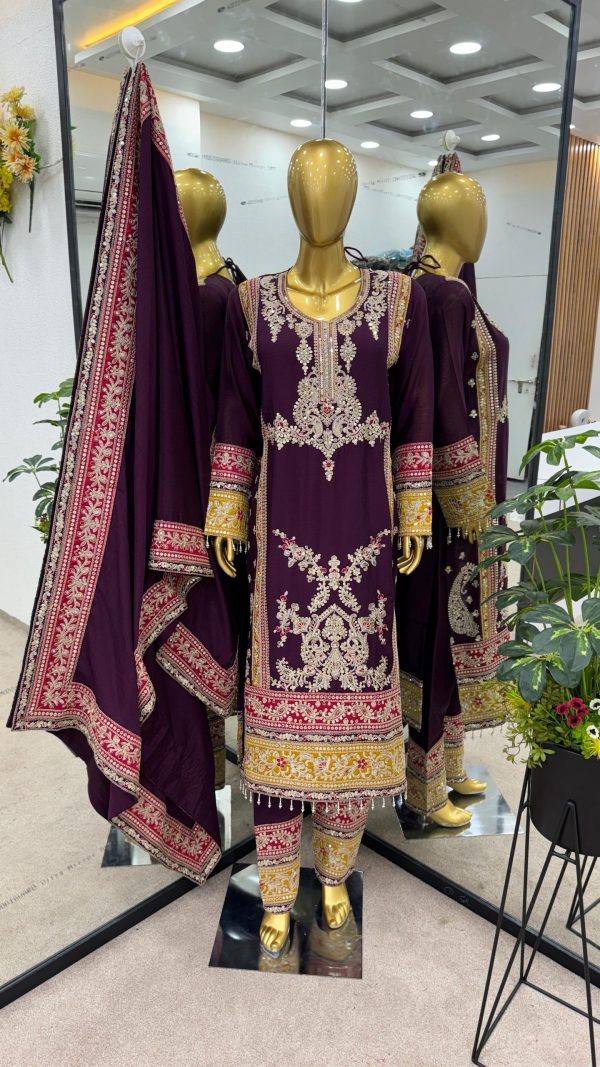 Special Purple Color Chinnon Silk Embroidery Work Salwar Suit