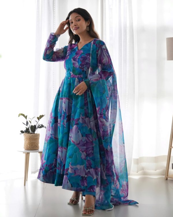 Superb Blue Color Tabby Silk Organza Digital Printed Anarkali Suit