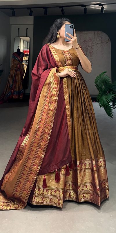 YNF 5313 Mustard Color Narayan Pet Zari Weaving Work Gown Casual, Wedding, Festive, Events, Designer Party Wear, Delivery 4-6 Working Days @1899 | Bollywood Gowns, Creative Gowns, Designer Gowns, Embroidered Gowns, Gowns, Party Wear Gowns