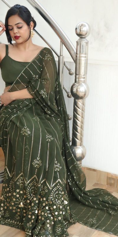 JR 609 Green Color Georgette Embroidery Sequence Saree Casual, Wedding, Festive, Events Expected Delivery 4-6 Working Days @1749/- | Bollywood Sarees, Creative Sarees, Designer Sarees, Embroidered Sarees, Ethnic Saree, Party Wear Sarees, Sarees