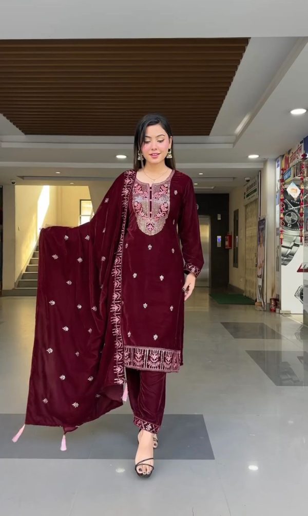 Dazzling Maroon Color Viscose Velvet Embroidery Salwar Suit