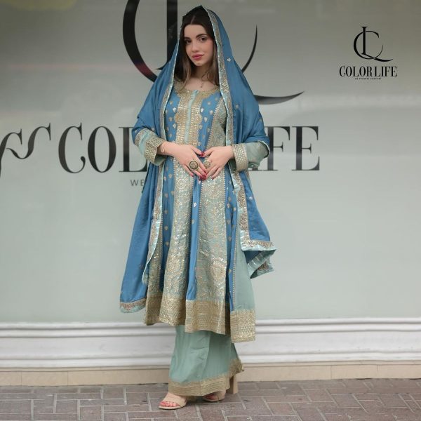 Fancy Firozi Color Georgette Sequences Embroidered Salwar Suit