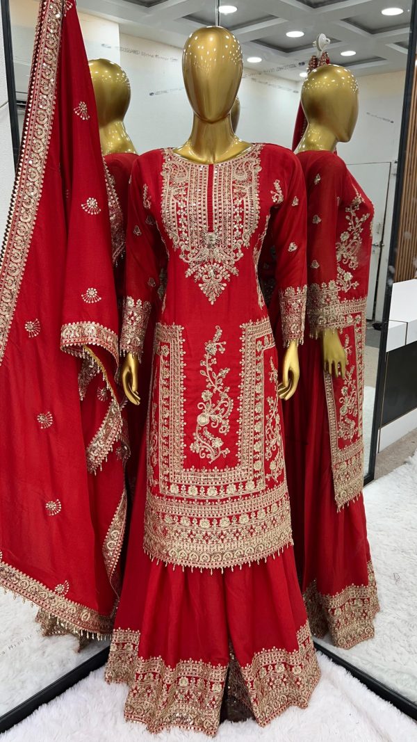 Fancy Red Chinnon Silk Embroidery Coding Dori Salwar Suit