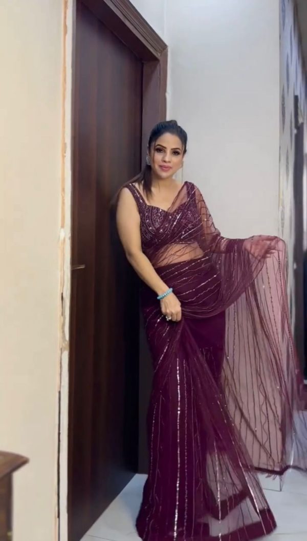 Grand Purple Color Georgette Thread Butterfly Soft Net Saree
