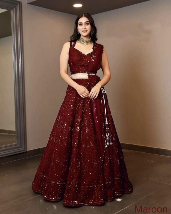Luminous Maroon Color Georgette Embroidery Work Lehenga Choli