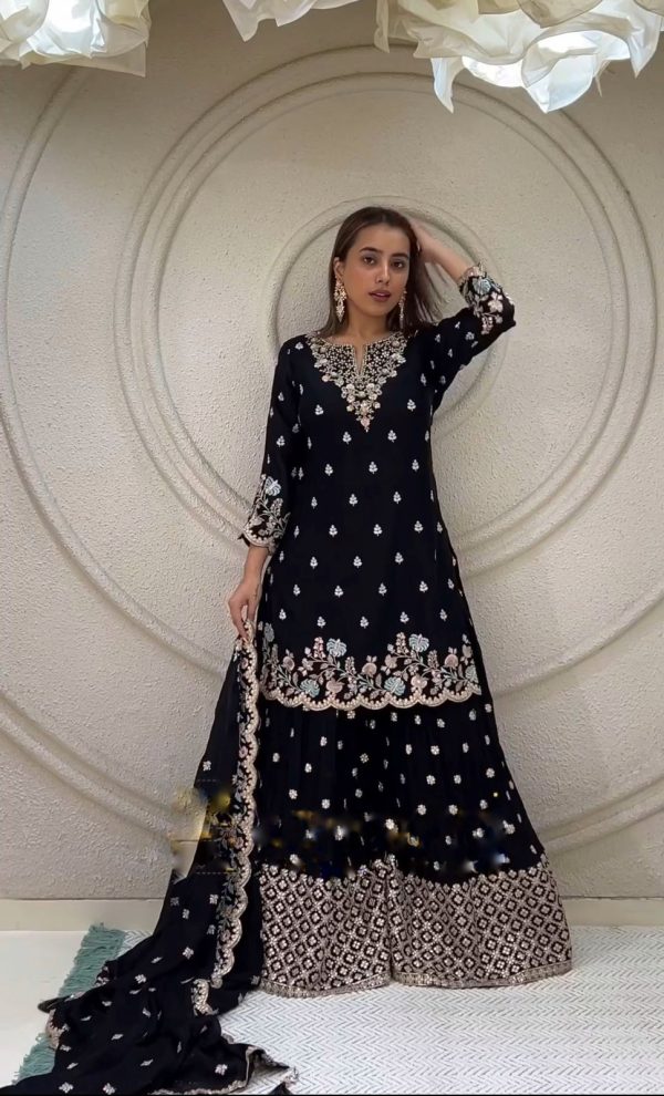 Peaceful Black Color Chinnon Silk Embroidery Work Salwar Suit