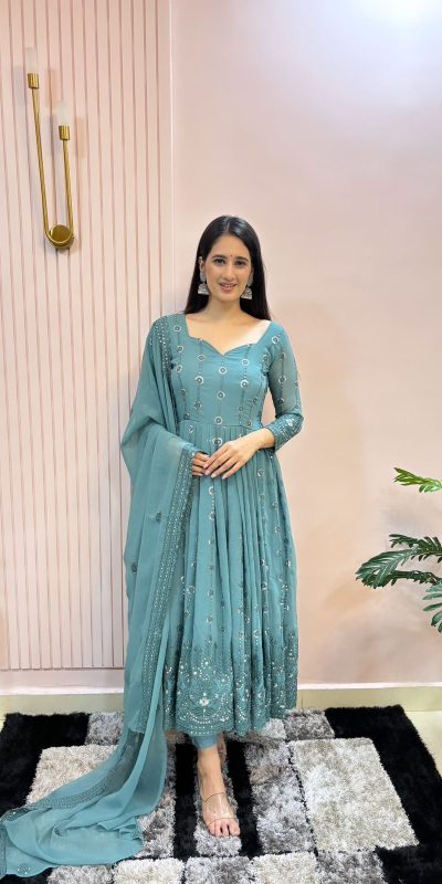Perfect Blue Color Sequence Coding Embroidery Work Gown
