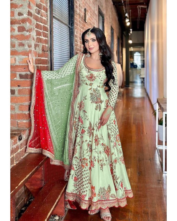Pretty Green Color Georgette Embroidery Diamond Anarkali Suit