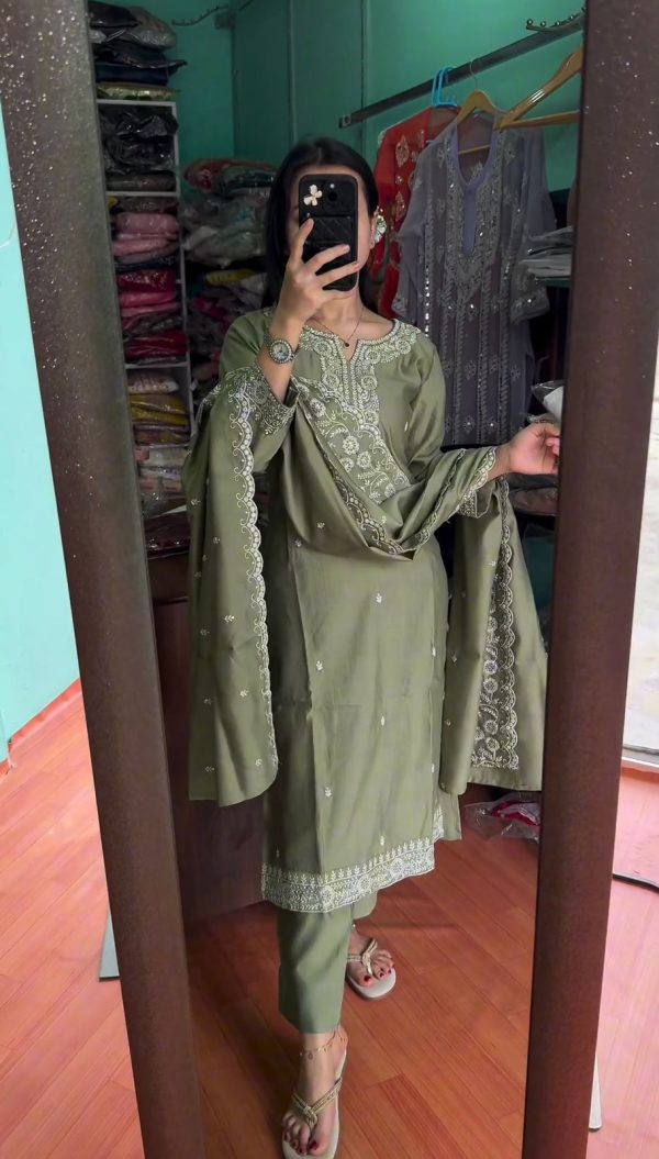 Pretty Mehndi Chinnon Silk Embroidery Sequence Salwar Suit