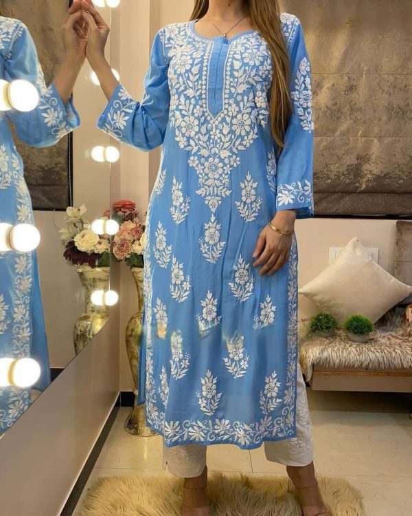 Splendorous Blue Color Rayon Chine Stitched Work Salwar Suit