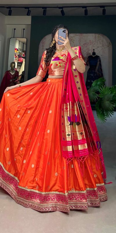 LNB 2005 Orange Jacquard Silk Weaving Zari Lehenga Choli Festive Party Wedding, Events etc. Delivery 4-6 Working Days @3499/- | Creative Lehenga, Designer Lehenga, Embroidered Lehenga, Lehenga, Party Wear Lehenga