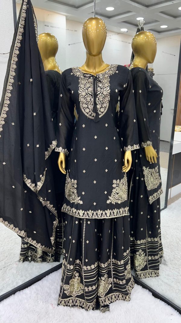 Sublime Black Color Chinnon Silk Embroidery Work Salwar Suit