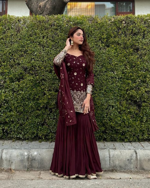 Sublime Maroon Color Georgette Thread Sequence Salwar Suit