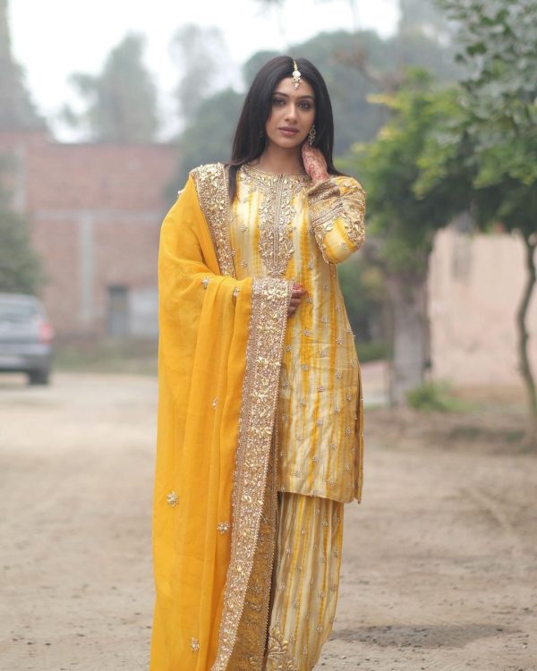 Super Yellow Chinnon Digital Printed Embroidery Salwar Suit