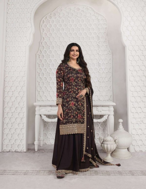Superb Coffee Color Vichitra Digital Print Embroidery Salwar Suit